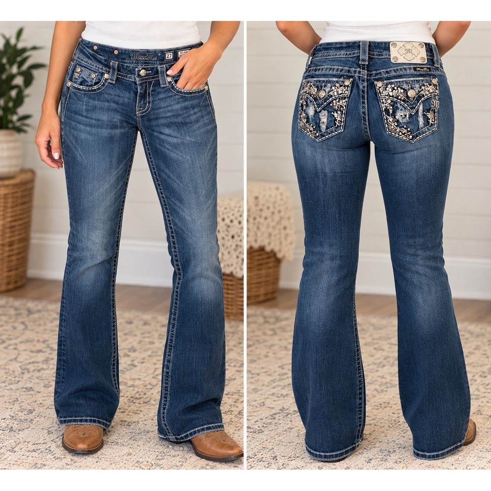Miss Me Jeans 27 Easy Boot Mid Rise Y2K McBling Rhinestone Sequin JE8281E2R